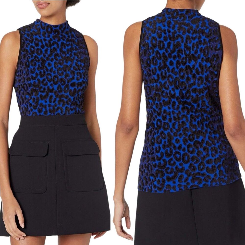 Milly Blue and Black Sleeveless Turtleneck Leopard Print Sweater